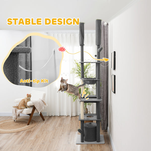 Cat tree 226-254 cm, ceiling height with scratching posts, grooming brush and niche, gray