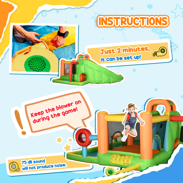 8-in-1 Inflatable Castle for Kids, Includes Slide, Trampoline, Pool, Water Gun, Target Ball, Boxing, Tunnel with Carry Bag, 750W Blower