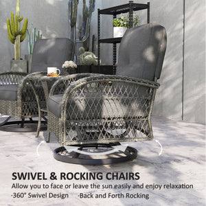 3 Piece Wicker Garden Set with 2 Rocking Swivel Chairs and Two-Tier Glass Coffee Table, Grey