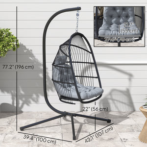 Wicker swing chair with stand, foldable and hanging, UV-resistant cushion and headrest, dark grey