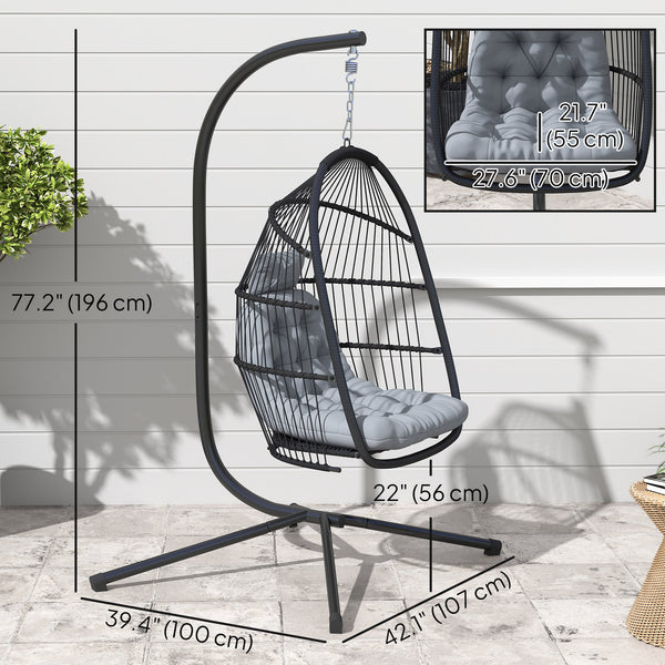 Wicker swing chair with stand, foldable and hanging, UV-resistant cushion and headrest, dark grey