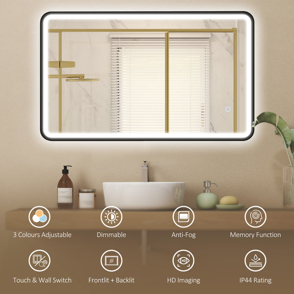 HOMCOM 101.6 x 61 cm bathroom mirror with LED lighting, wall-mounted, 3 colors, dimmable, horizontal/vertical format, black