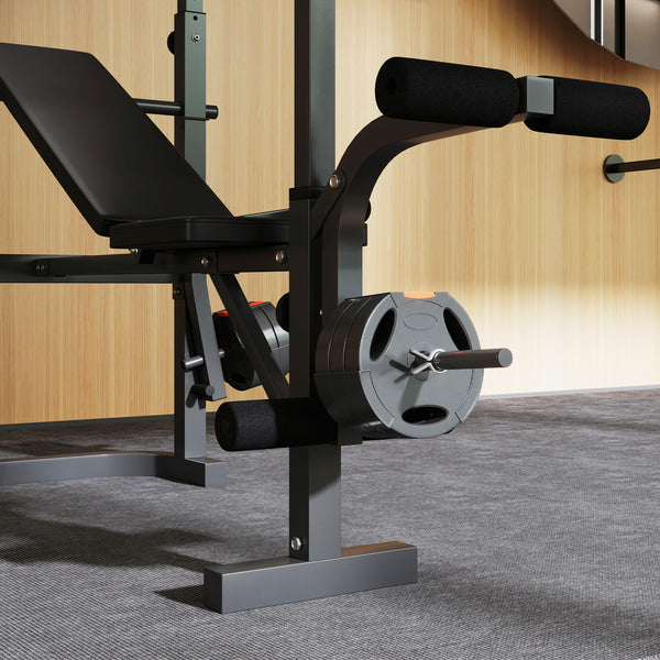 Adjustable weight bench with bench press and lat pulldown rack