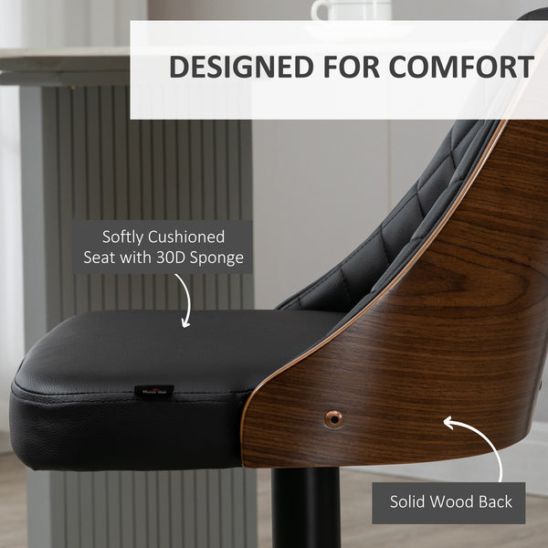 Set of 2 Modern Faux Leather Bar Stools, Swivel and Adjustable, Black