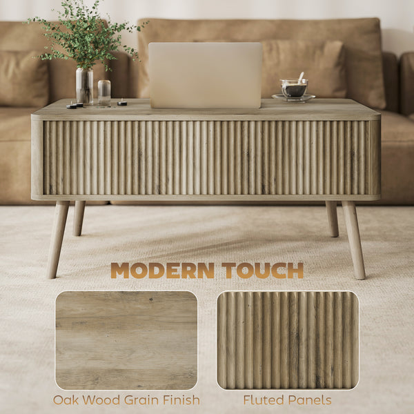 Lift-up coffee table with storage, oak