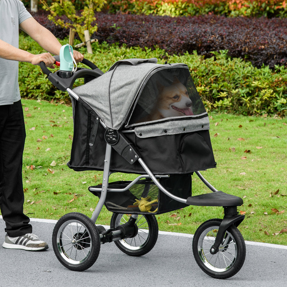 3-Wheel Foldable Small Dog Stroller with Adjustable Canopy, Grey