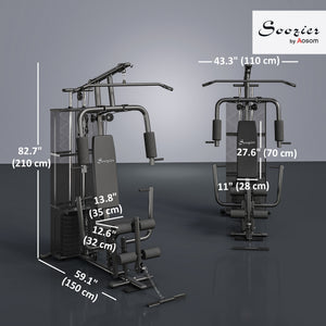 Multi-function weight station with 45 kg weight stack for lat pulldown, leg extensions, biceps curls, triceps pulldowns, and bench press, black.