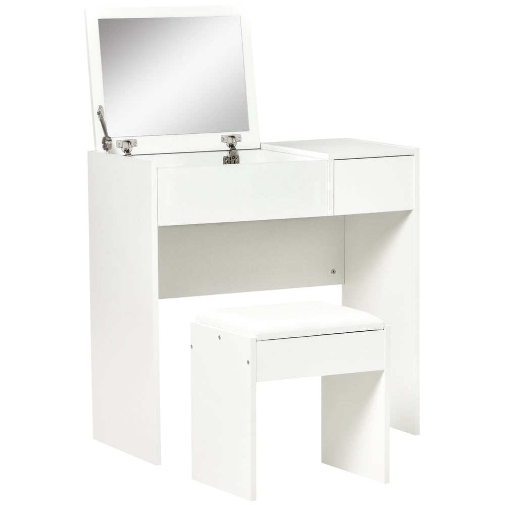 Modern dressing table with folding mirror and padded stool, white
