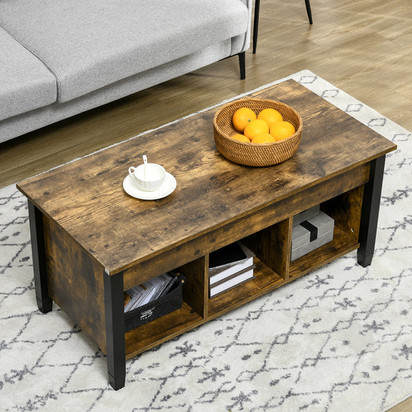 Lift-top coffee table with hidden storage compartment, 3 lower shelves, rustic brown