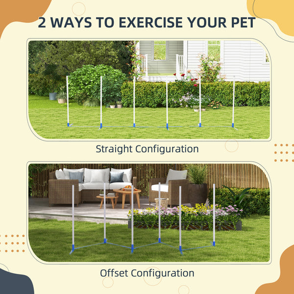 Adjustable Dog Agility Training Obstacle Set with Weaves Poles and Storage Bag for Pet Dogs Outdoor Games Exercise Blue and White