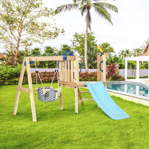Wooden Kids Swing Set with Slide, Swing Seat, Captain's Wheel, Telescope, for Ages 18-48 Months, Natural