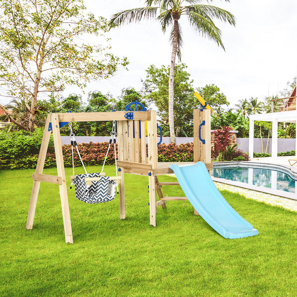 Wooden Kids Swing Set with Slide, Swing Seat, Captain's Wheel, Telescope, for Ages 18-48 Months, Natural