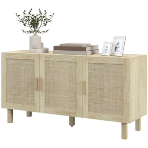 Bohemian sideboard with 3 rattan doors and adjustable shelves, natural