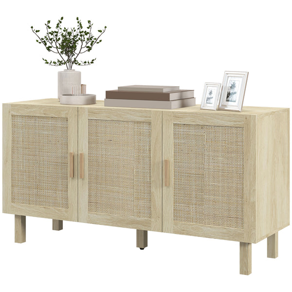 Bohemian sideboard with 3 rattan doors and adjustable shelves, natural