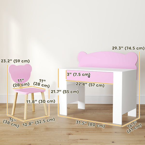 Kids' Desk and Chair Set, Bear Theme, Pink