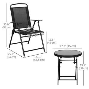 3-piece folding bistro set with mesh chairs and glass table, black