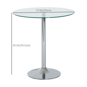 Round dining table with tempered glass top, galvanized metal base, silver
