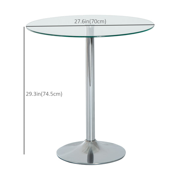 Round dining table with tempered glass top, galvanized metal base, silver