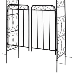 Metal garden arch with scrollwork doors