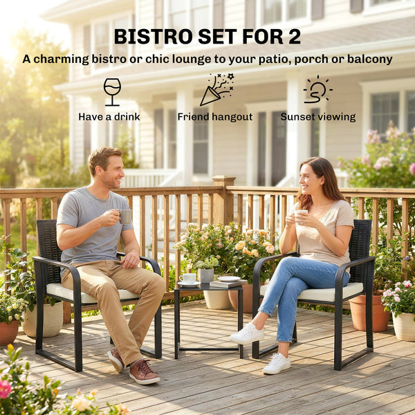 3-Piece Outdoor Wicker Bistro Set with Mesh Seating, Glass Top Table, and Cushions, Cream