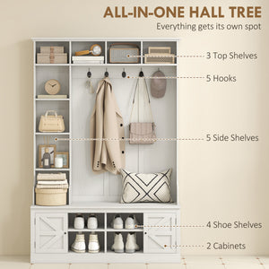 Hallway furniture with bench, coat rack, 12 shelves, 2 cupboards, 5 hooks, white wood look