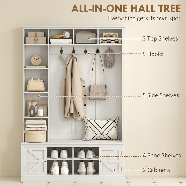 Hallway furniture with bench, coat rack, 12 shelves, 2 cupboards, 5 hooks, white wood look