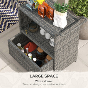PE resin wicker garden service trolley with 2-tier shelf, heather grey