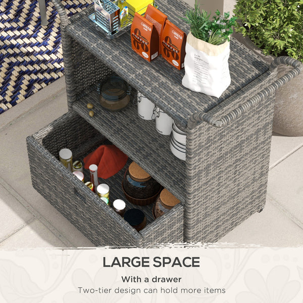 PE resin wicker garden service trolley with 2-tier shelf, heather grey