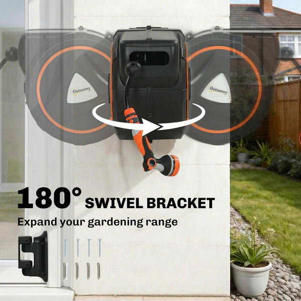 Retractable Garden Hose Reel, 1/2" x 92ft Wall Mounted Hose Reel with 12-Pattern Nozzle, Auto Retraction, Self-Locking