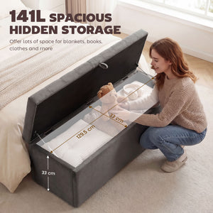 141 L storage ottoman bench, tufted velvet seat and lift-top lid – Gray