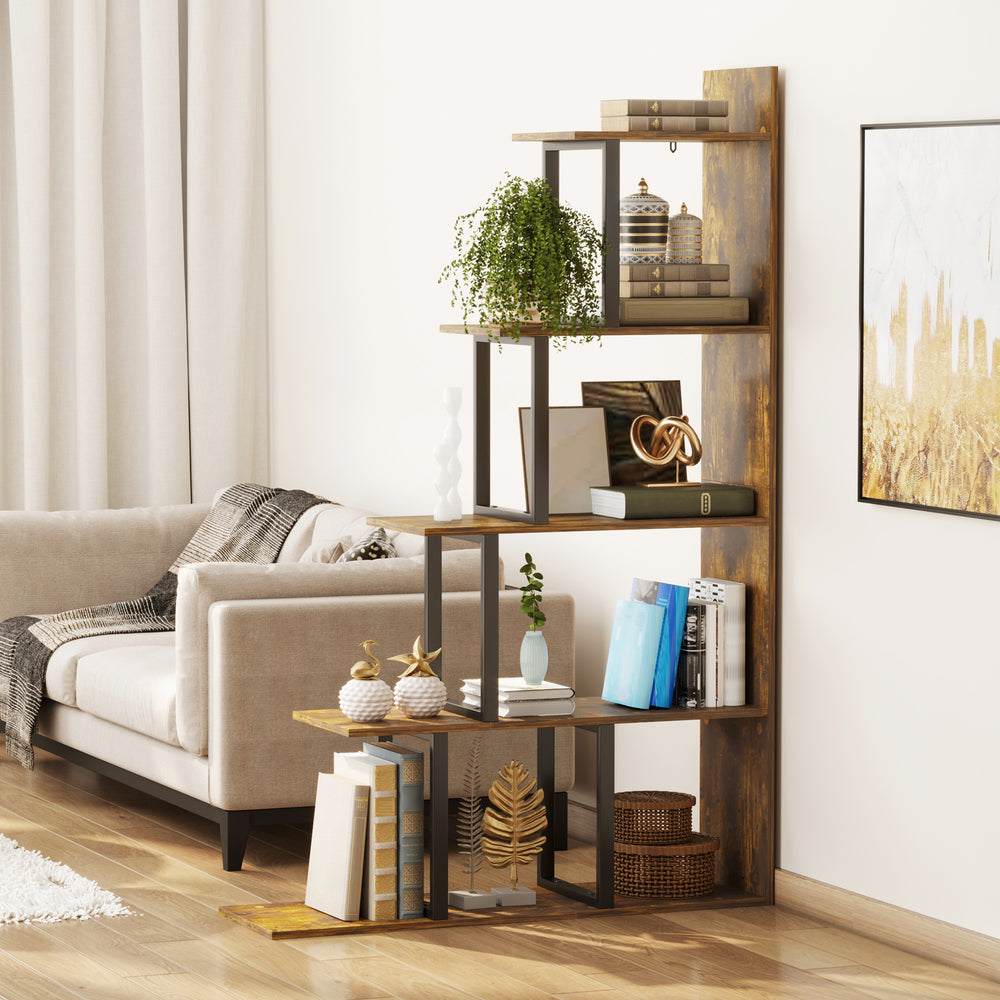 5-Tier Industrial Wooden Bookcase, Rustic Brown