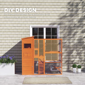 Cat enclosure with condo, jumping platforms, ladder, ramps and hammock, orange