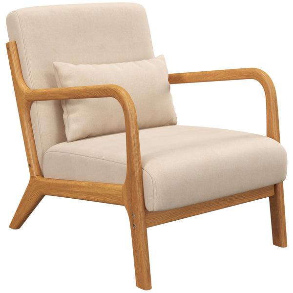 Fabric lounge chair with wooden legs and thick padding, beige