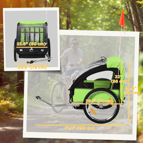 2-seater bicycle trailer with 5-point safety harness and comfortable seat, green