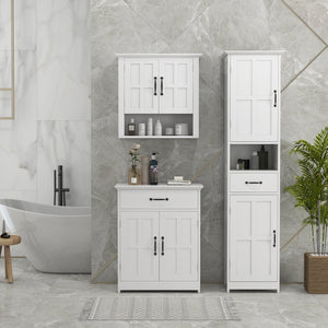 Modern 3-piece bathroom furniture set with drawers and shelves, white