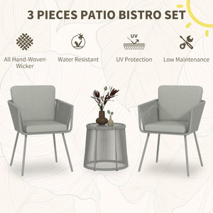 3-Piece Rattan and Wicker Bistro Set with Metal Legs, Light Grey