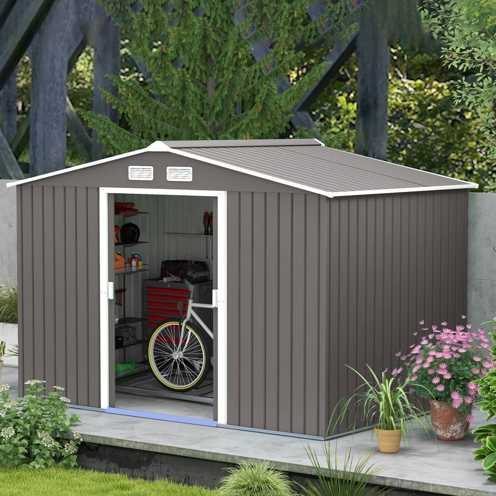Ventilated galvanized steel garden shed with double door and foundation kit, grey