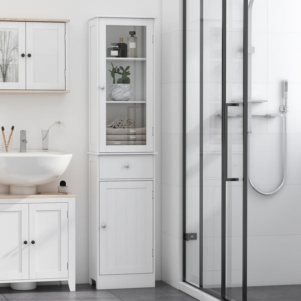 Tall Bathroom Cabinet with Drawers, 2 Doors, and Adjustable Shelves, White