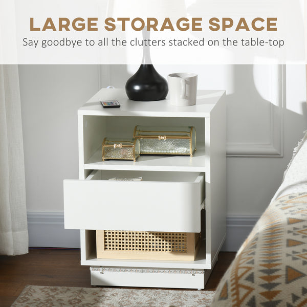 Bedside table with LED lighting and remote control, white