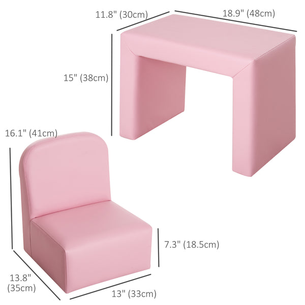 Children's sofa, table and chair, multifunctional 2 in 1, pink