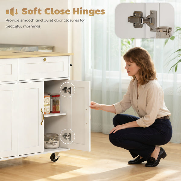 White mobile kitchen island with fold-down countertop, electrical outlets and storage