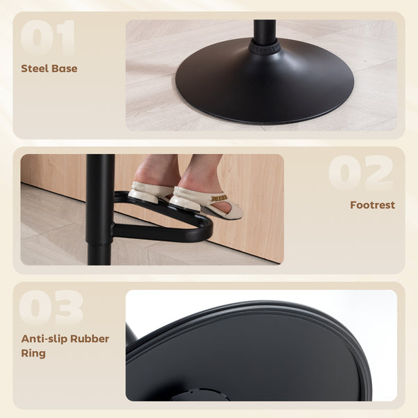 Set of 2 adjustable, padded bar stools with swivel seats, steel frame, footrest, black