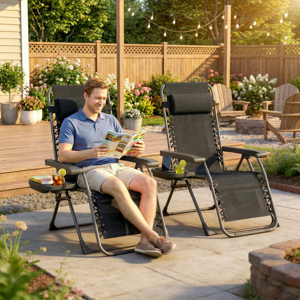 Set of 2 Zero Gravity Outdoor Lounge Chairs, Folding and Reclining, with Cup Holder and Headrest, Black.