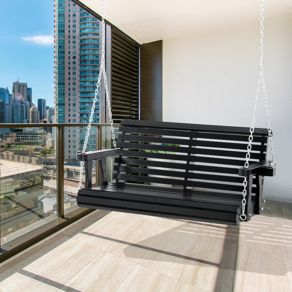 Two-seater wooden swing with cup holder and chains, black