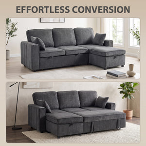 Modular sectional sleeper sofa with reversible storage ottoman with spring cushion, dark grey