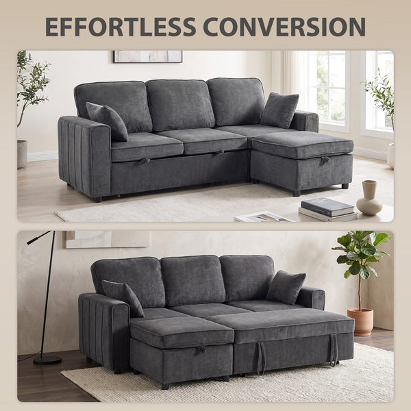 Modular sectional sleeper sofa with reversible storage ottoman with spring cushion, dark grey