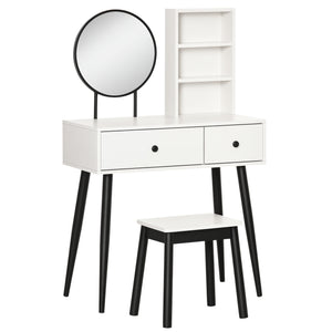 Dressing table with stool, drawers and shelf, white and black