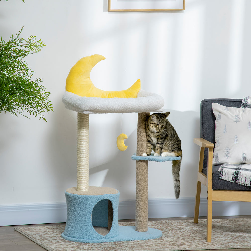 Cat tree with Teddy fleece bed, scratching post, hanging toy, star platform