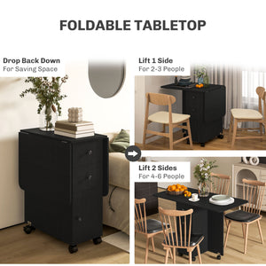Black dining table on wheels with drawers and cabinet, foldable