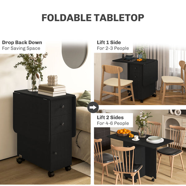 Black dining table on wheels with drawers and cabinet, foldable